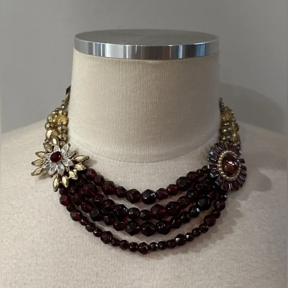 Vintage Multi-Strand Statement Necklace with Velvet Ribbon Accent, Burgundy